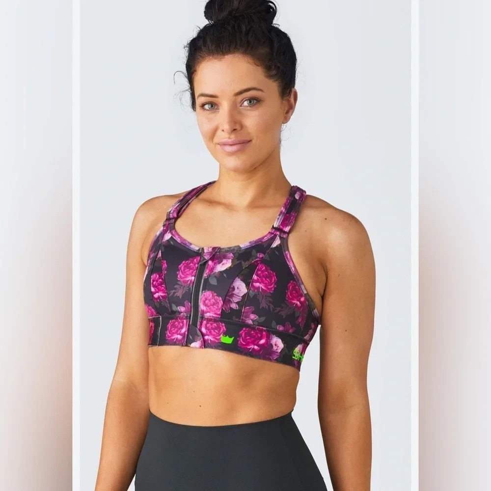 SHEFIT Ultimate Sports Bra High Impact Black Floral 5 Luxe 49-52" Bust New W/Bag
